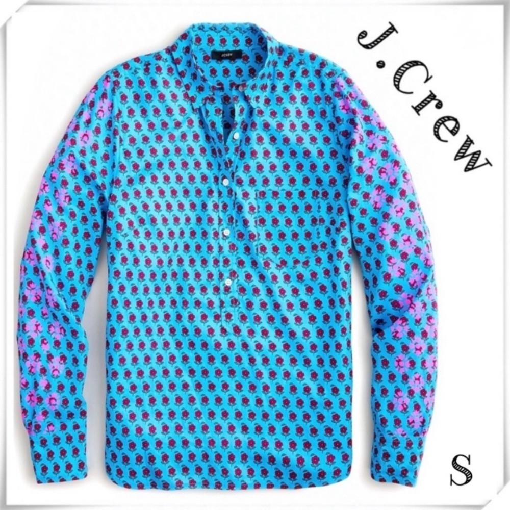 J.CREW Floral Layered Block Print Cotton Shirt Blouse in Blue New with Tag